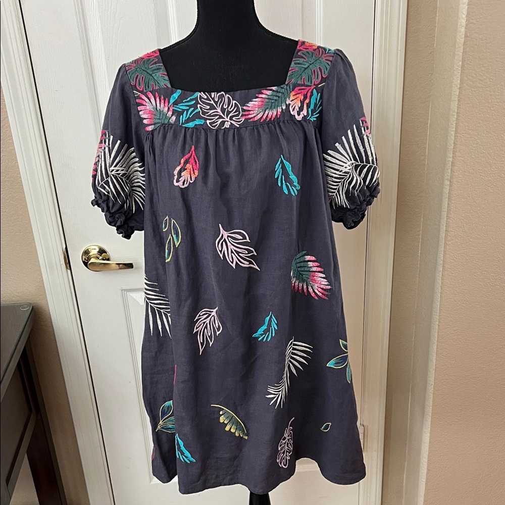 Johnny Was Gray Top with Pink and Green Embroidery